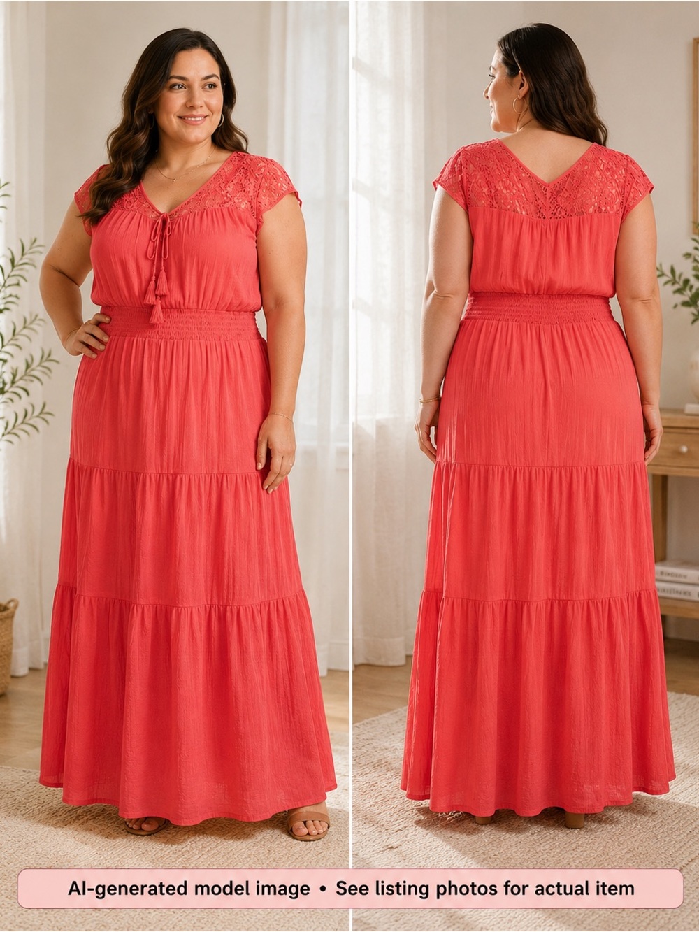 Cleo Coral Crochet Lace Tiered Maxi Dress XXL
